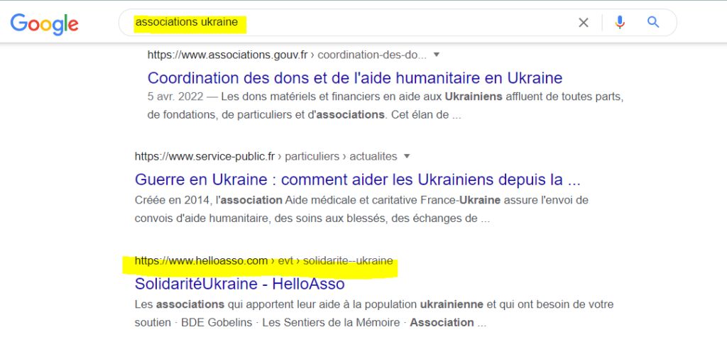 capture d'écran d'une page de résultats sur google