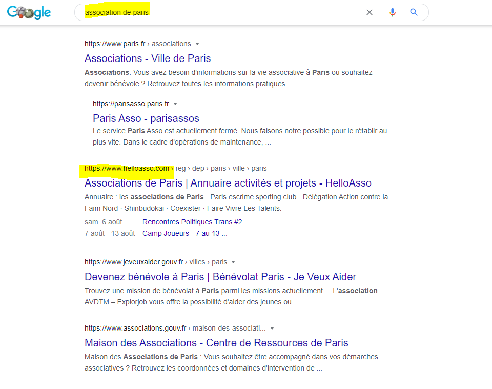 extrait d'une page de résultats Google sur la requête "Associations de Paris"